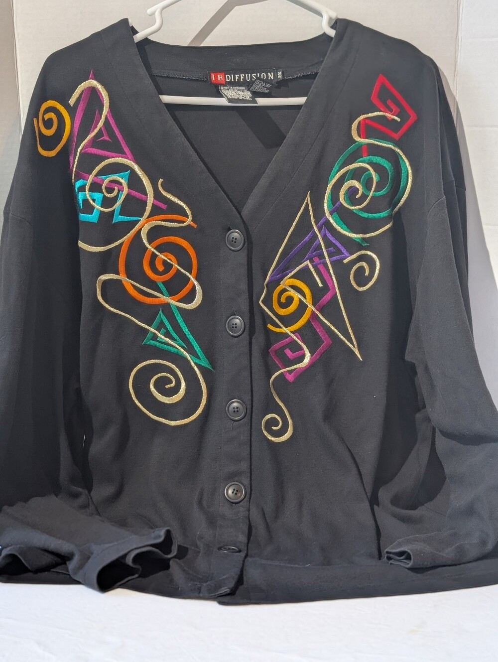 Vintage I B. Diffusion Black Button-Up Cardigan 2X Black Embroidered Geometric